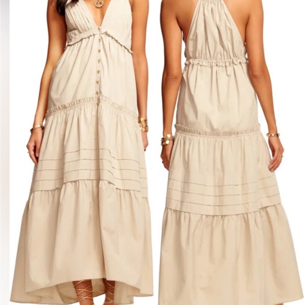Ramy Brook Cream Maxi Sundress with Tiered Design and Plunge Neckline